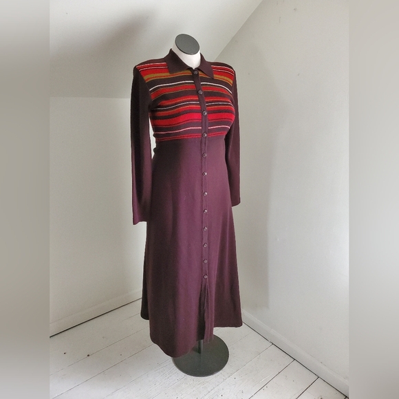 90s Vintage Liz Claiborne Wool Blend Retro Stripe Maxi Dress - Picture 8 of 8